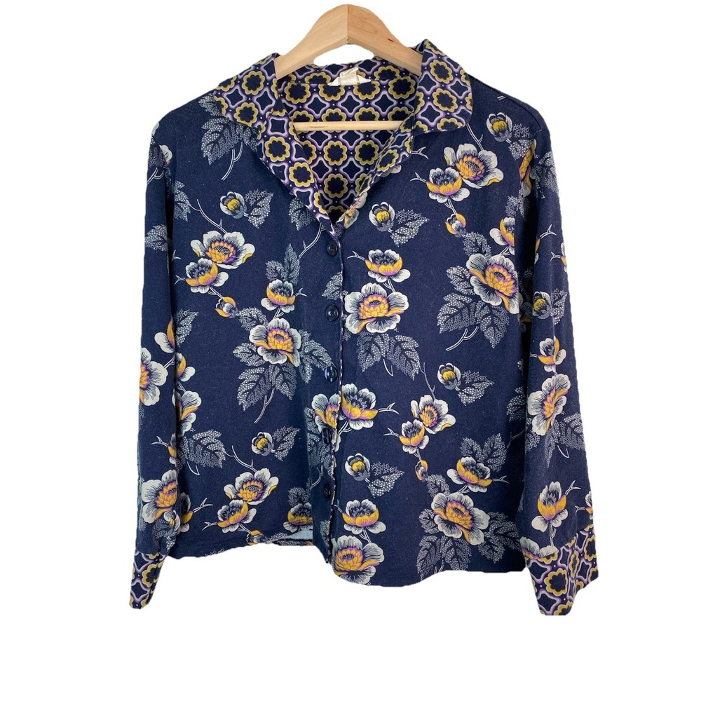 Vera Bradley Women's L Blue Floral Flannel Button Up Pajama Top